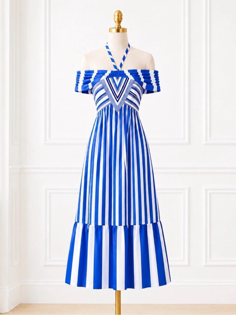 Tanya Taylor Celina Dress Blue White Stripe Off Shoulder Midi 6 NWT MSRP $445